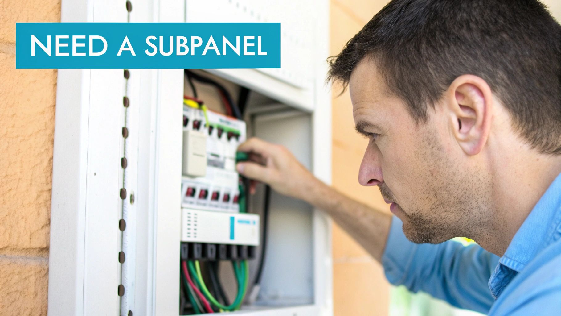 Man working on an open electrical subpanel, adjusting circuit breakers and wires.