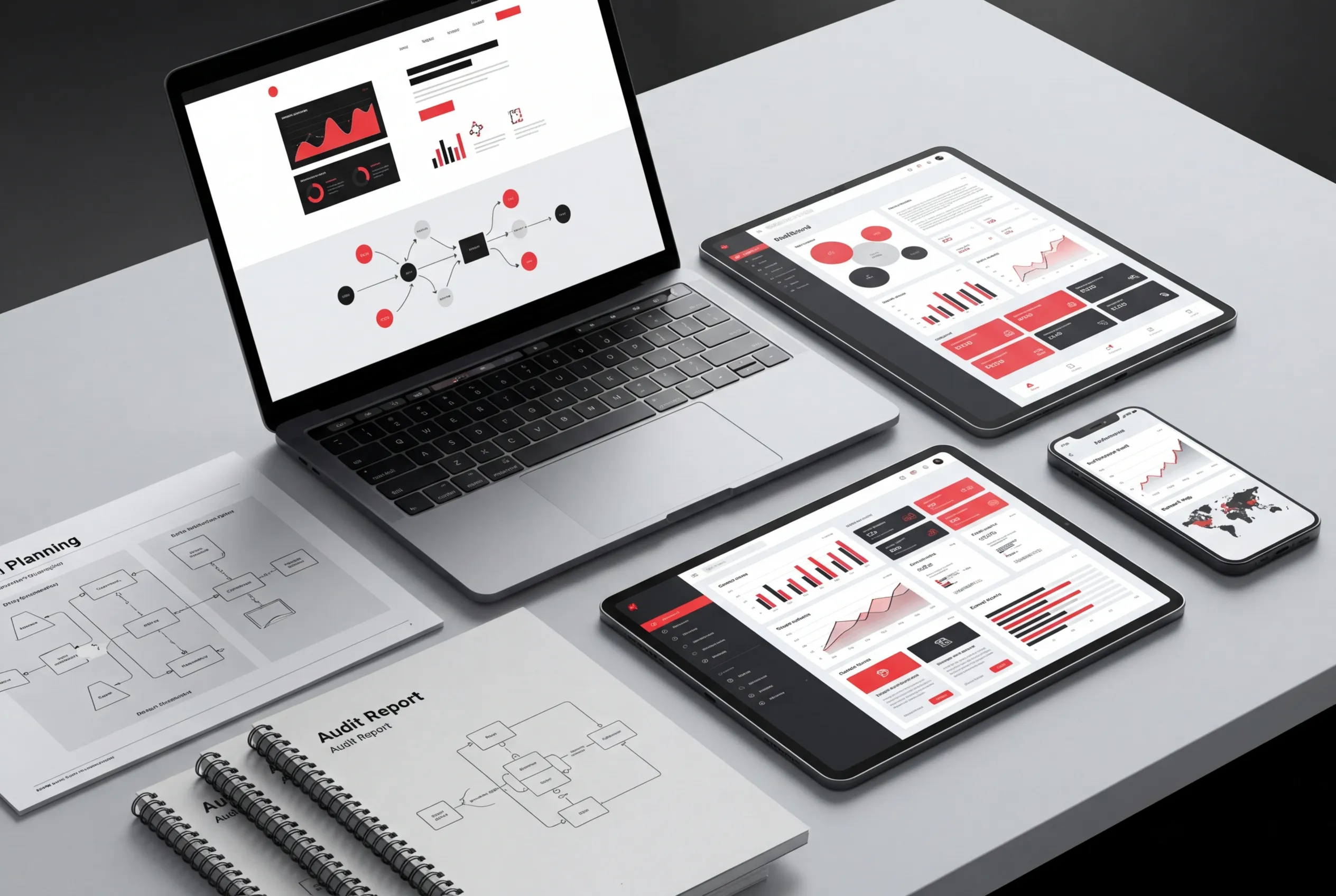 Digital Marketing setup by RockN' Socials on laptop, tablet, and phone.