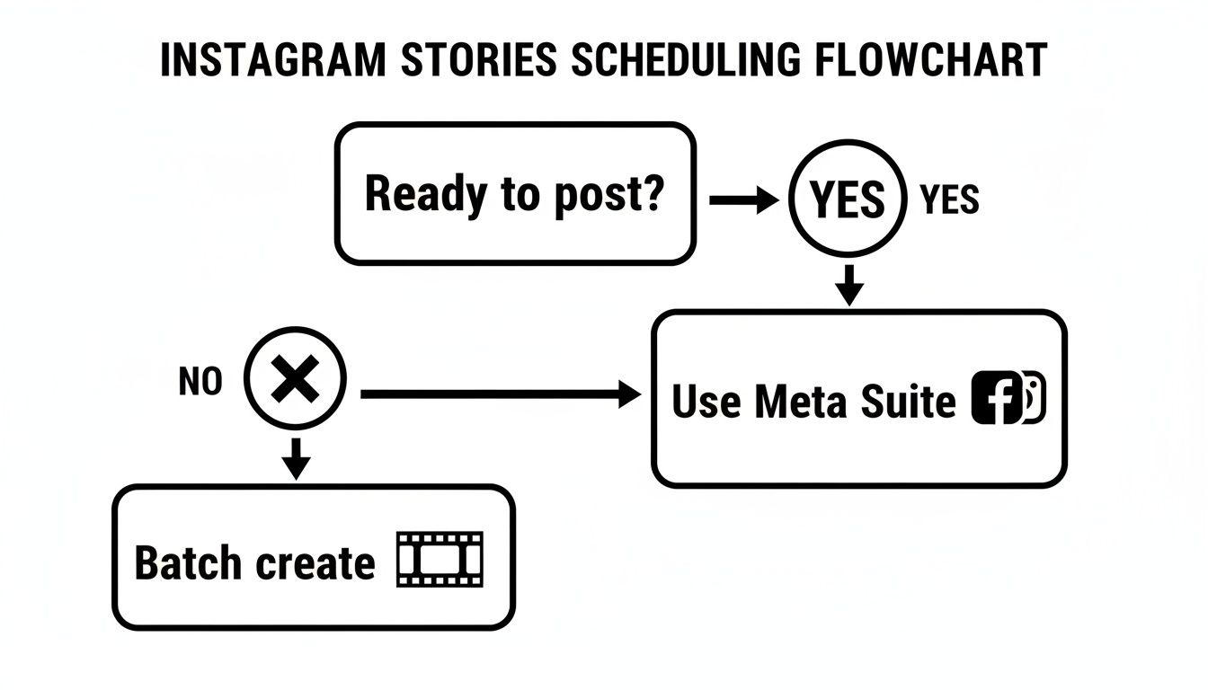 Flowchart detailing Instagram Stories scheduling process, suggesting Meta Suite or batch creation steps.