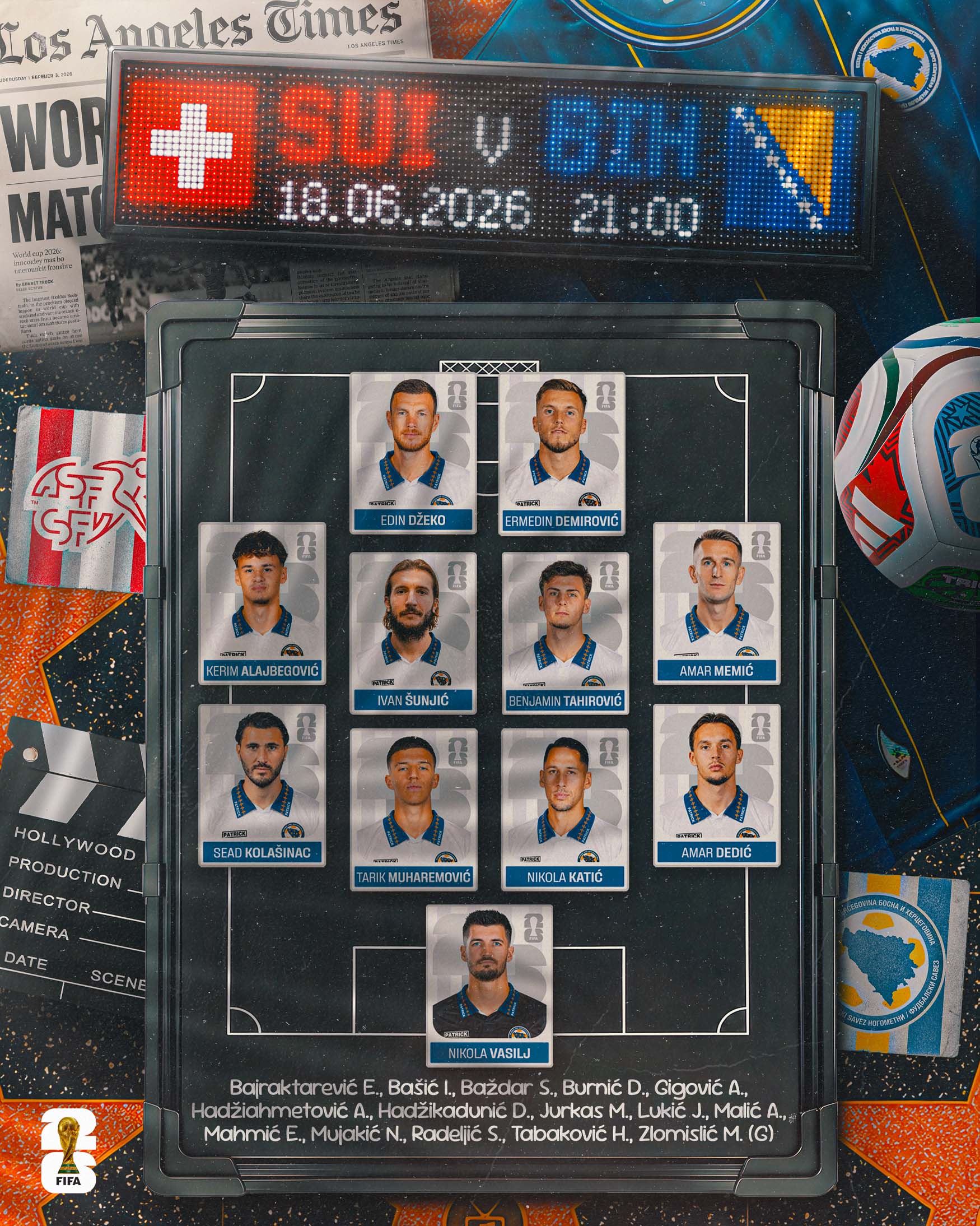 The Switzerland lineup is presented through a cinematic film-strip concept, giving the player cards a distinct retro movie aesthetic.