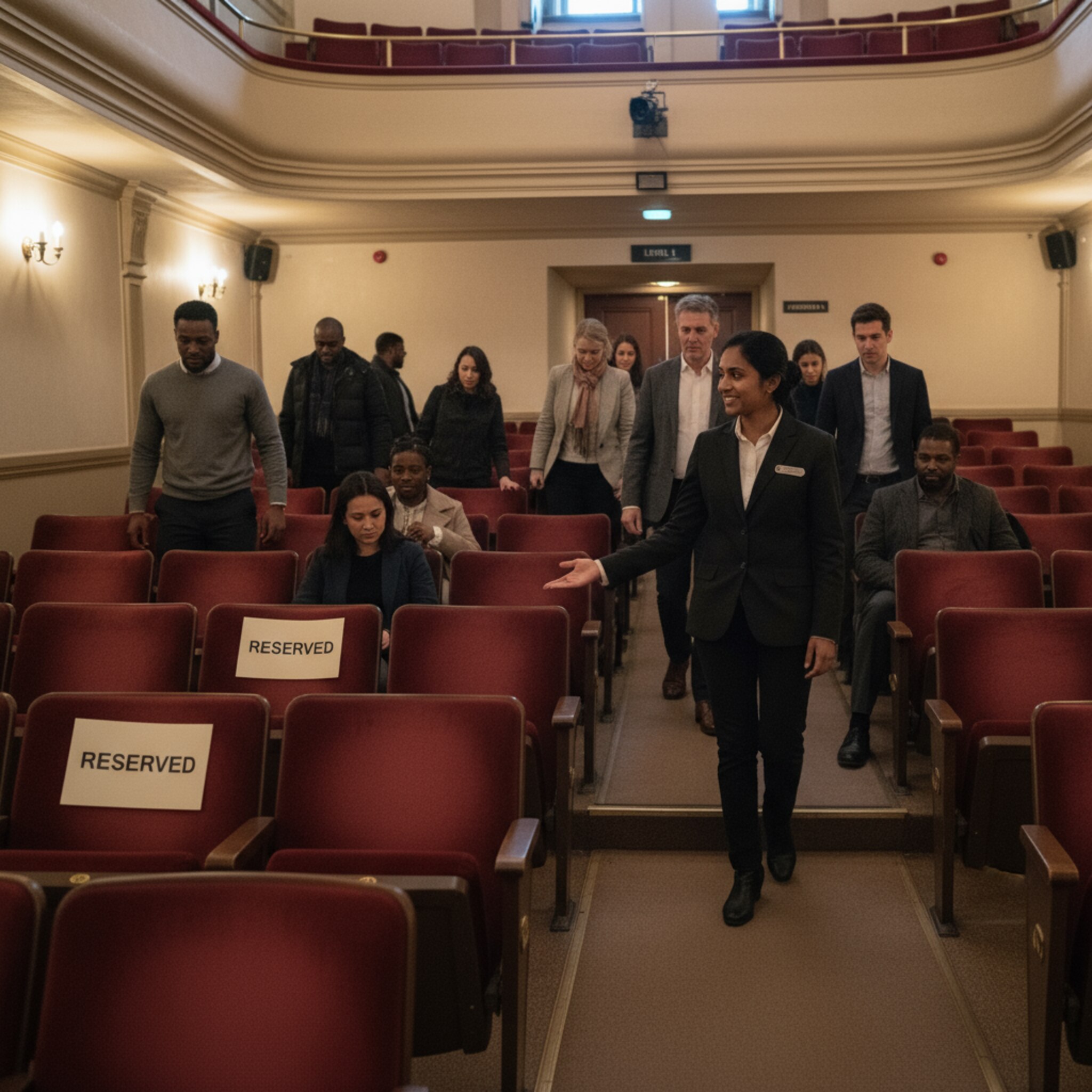 Ein kleines Stadttheater mit roten Samtsitzen, einige Plätze diskret mit Reserviert-Schildern. Ein Platzanweiser zeigt freundlich einen freien Block, das Publikum strömt geordnet hinein. Warmes Licht betont klare Wege und Bereiche. Die Szene vermittelt kontrollierte Kapazitäten und ruhige Abläufe.