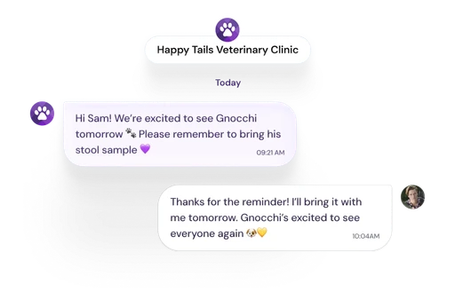 Text conversation between a veterinary hospital and a pet parent