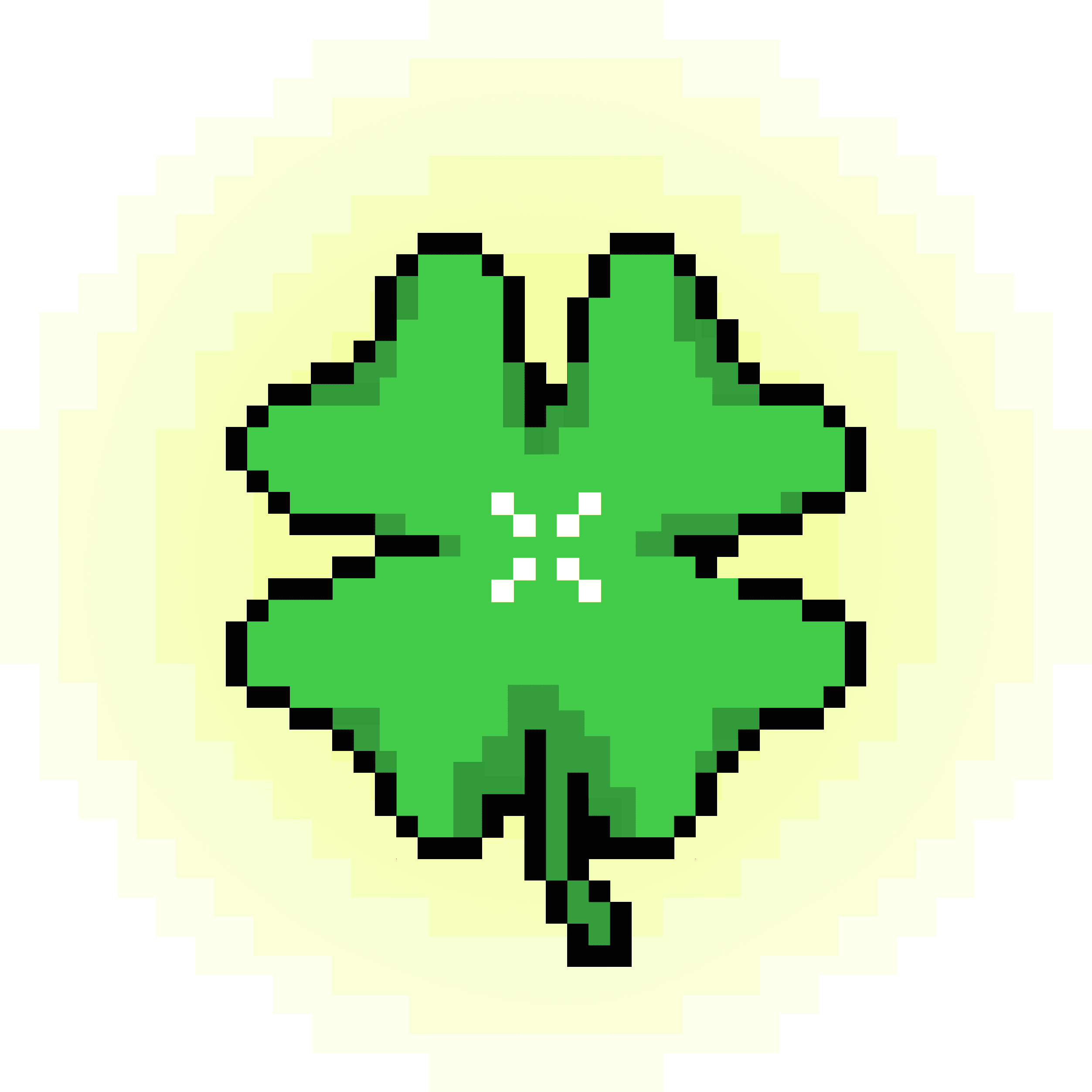 A green pixel shamrock with a bright yellow glow.