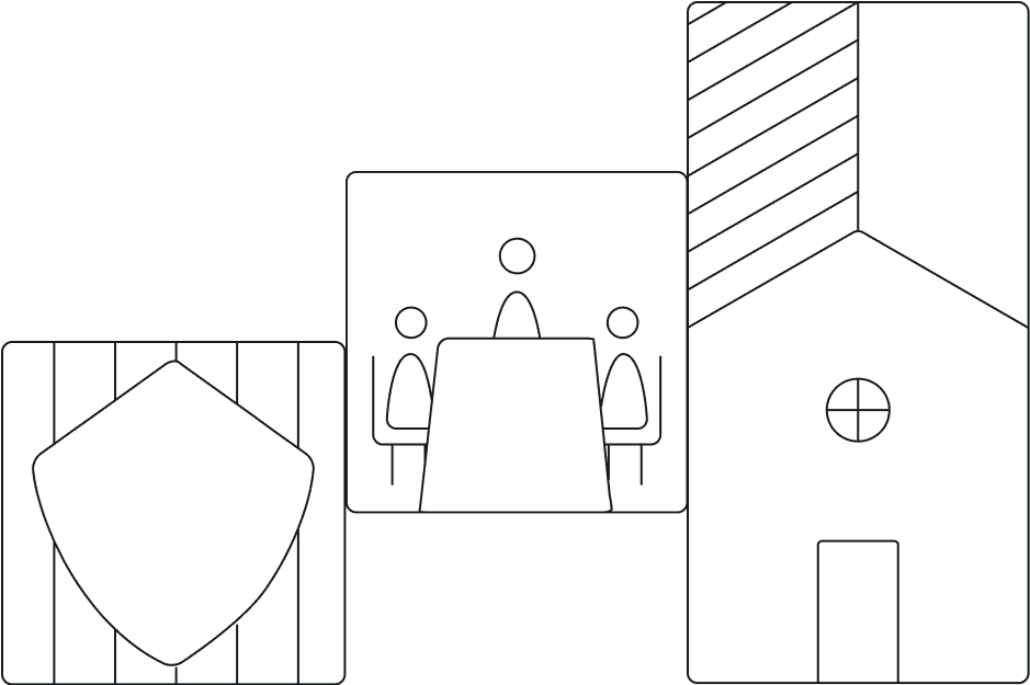 A panel of Icons that show a shield within pinstripes, people meeting around a table, and a farm building.. 