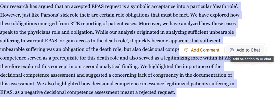 Selected manuscript passage with option to add the text to Coauthor AI chat