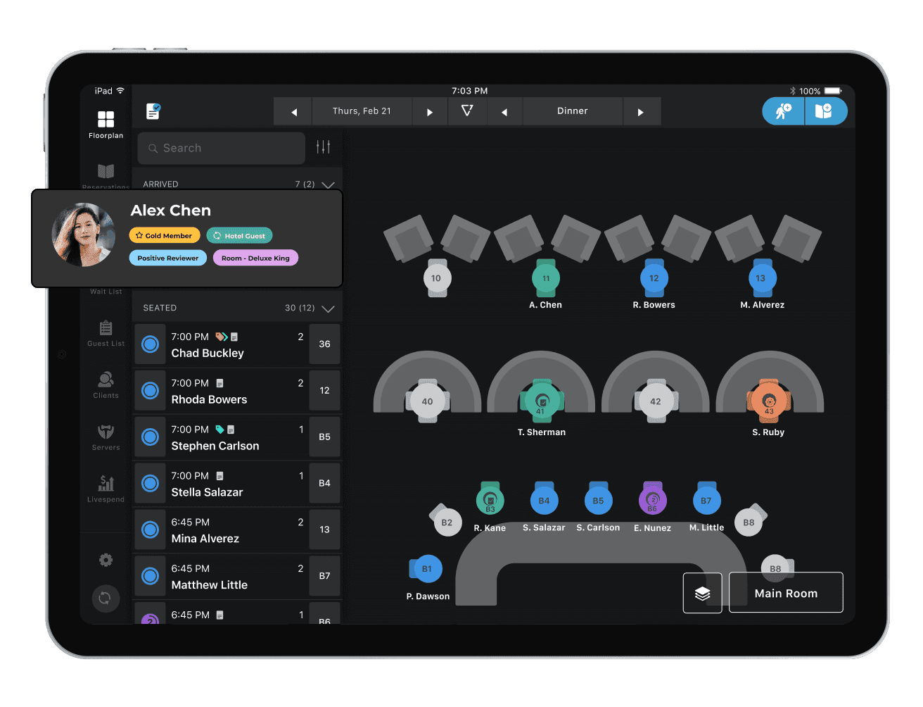 SevenRooms's app for managing guest on an iPad