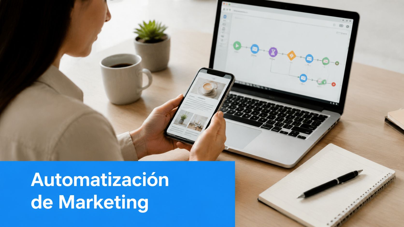 Una persona trabajando en una estrategia de automatización de marketing utilizando un ordenador portátil y un móvil.