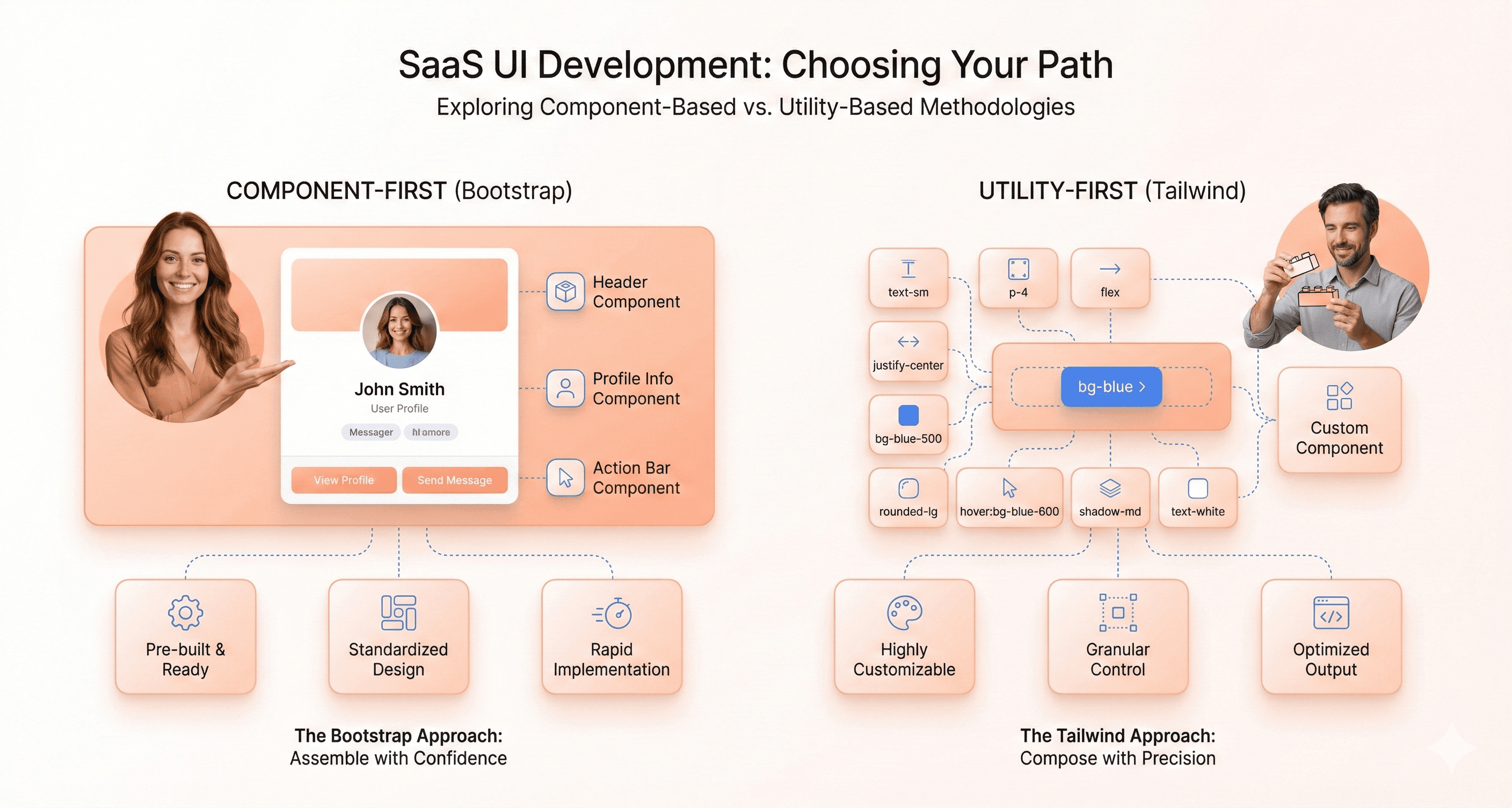 Visual explanation of Bootstrap’s component-first approach compared to Tailwind’s utility-first method, showing complete UI components versus small styling utilities.
