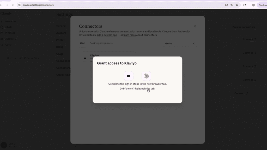 Connector-Einstellungen in Claude mit dem Anmeldedialog Grant access to Klaviyo