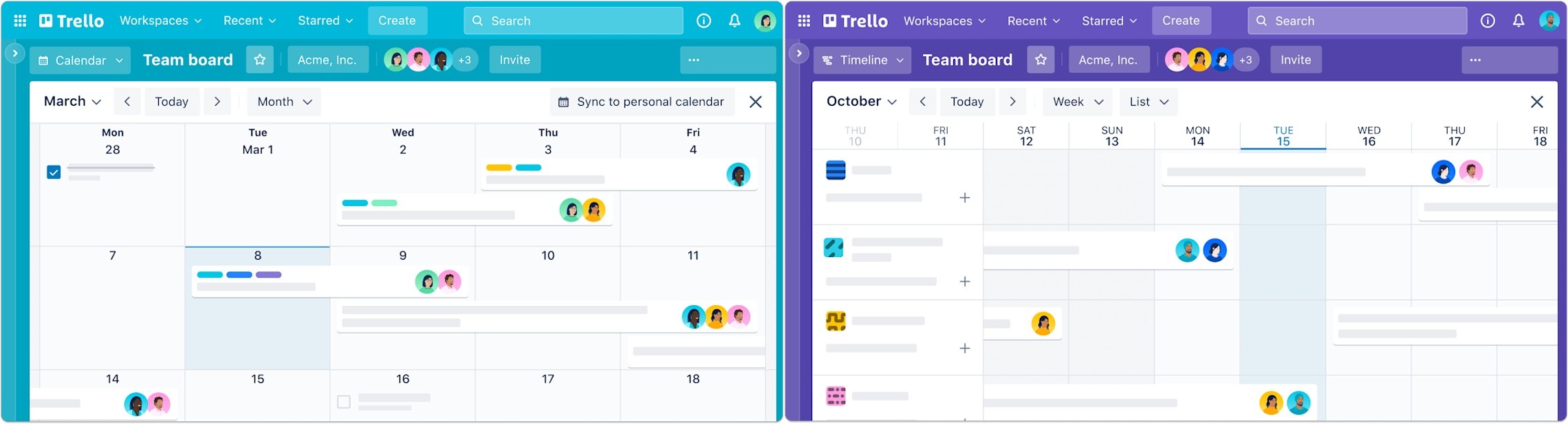 Trello calendar view with tasks mapped on a weekly timeline.