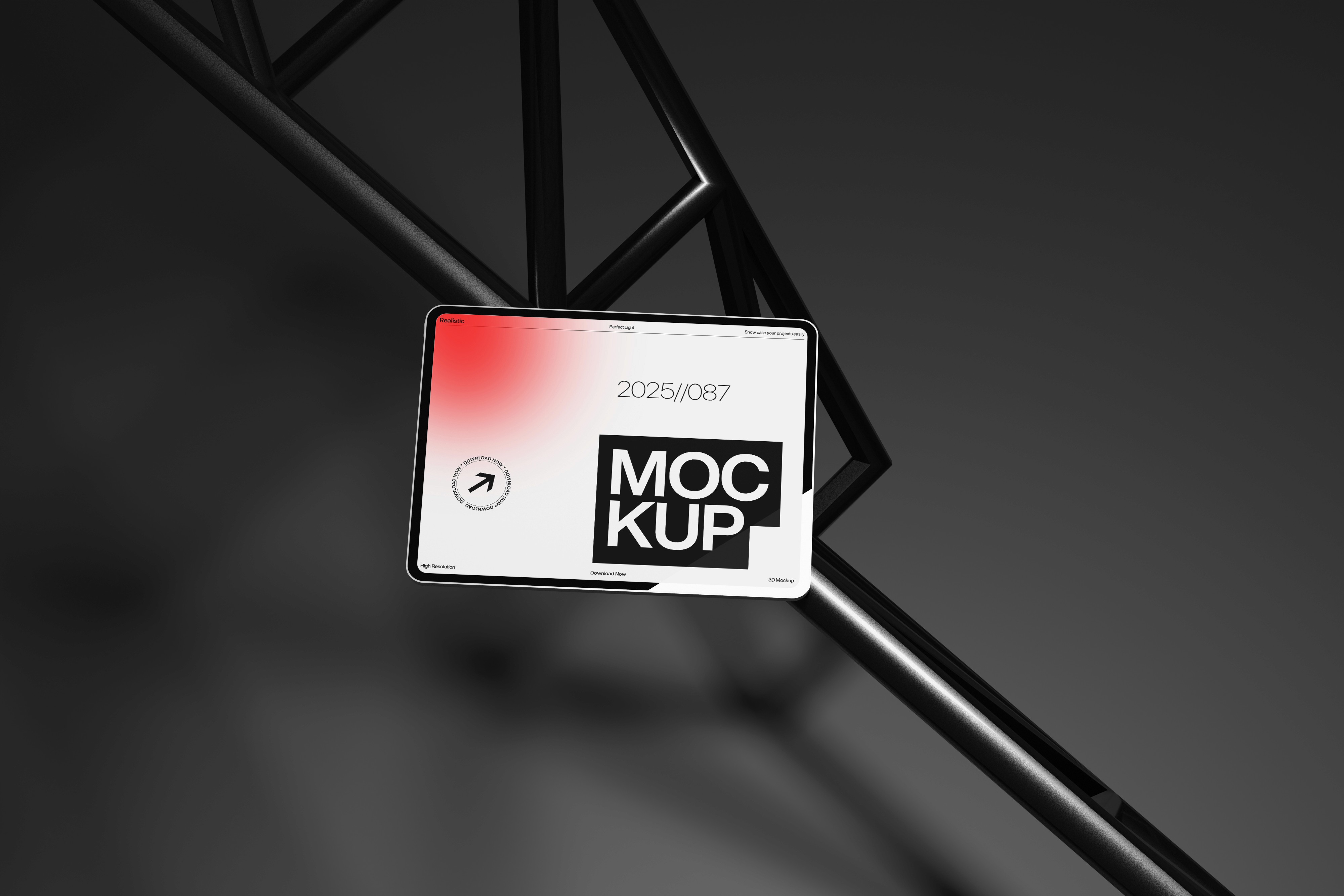 A sleek, modern card mockup titled "MOCKUP" featuring a red-to-white gradient accent and a circular logo icon, placed against a dark aesthetic background with black geometric structures and elegant shadows for a premium brand showcase.