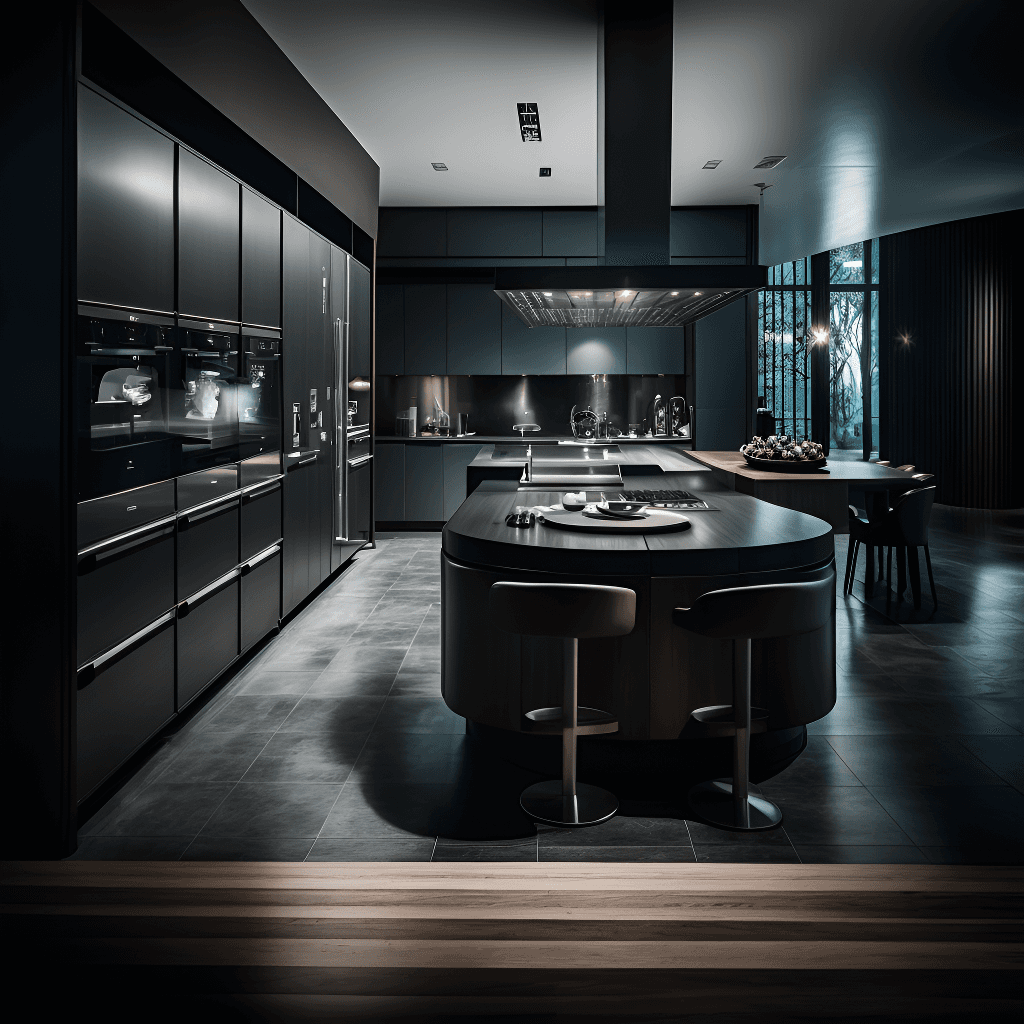 Luxury modern kitchen with black cabinetry, curved island with bar stools, and dramatic lighting