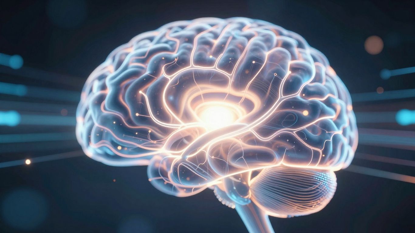 Abstract digital brain with glowing neural pathways.
