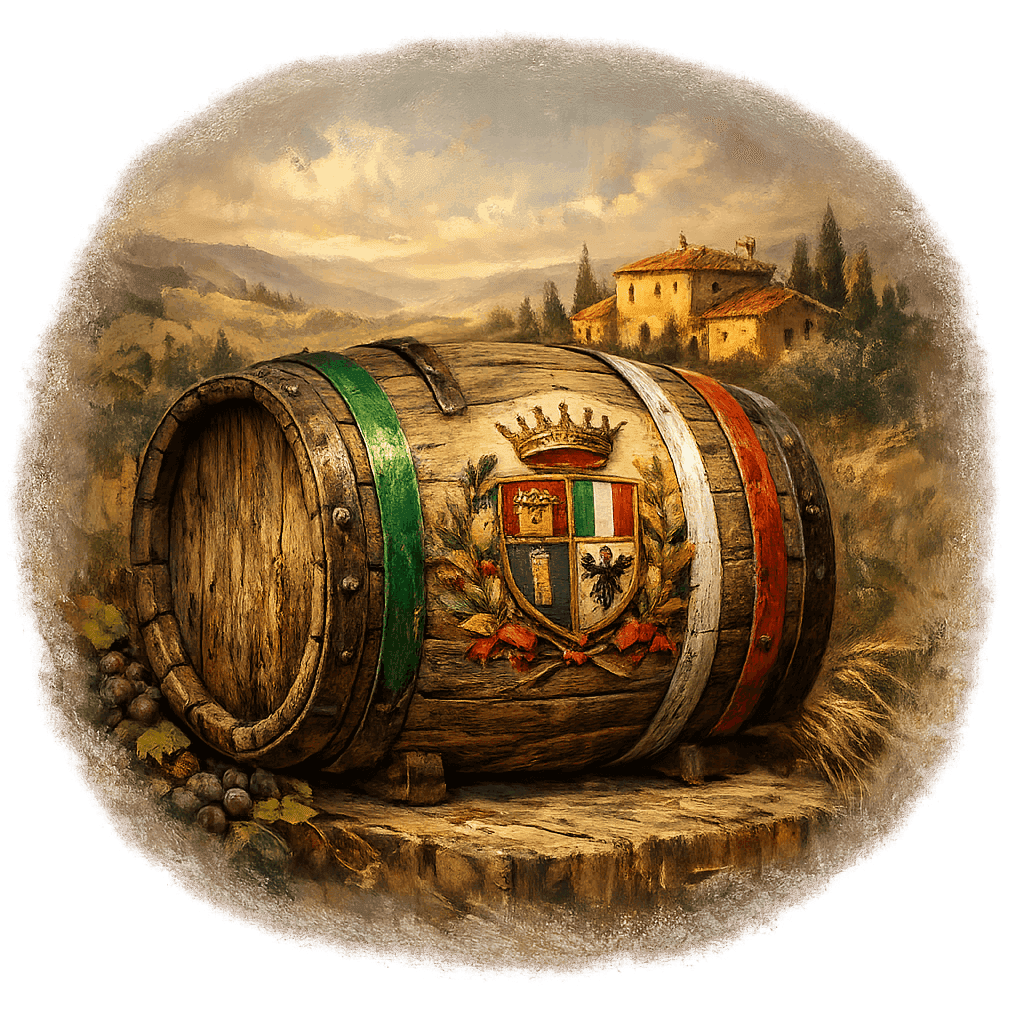 Wine barrel featuring the Italy national emblem for regional wine education.