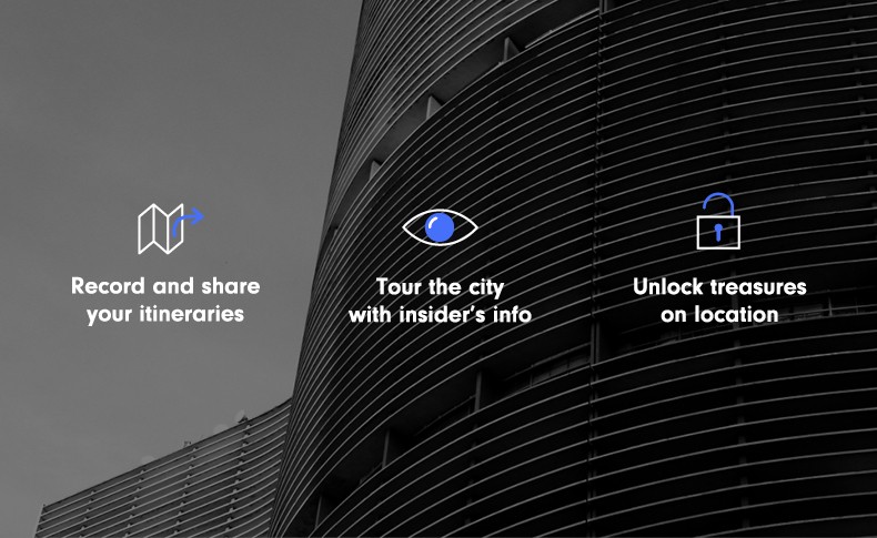 A dark gray building with a curved facade is depicted against a light gray sky. On the left, a white icon reads “Record and share your itineraries.” In the center, a white icon shows an eye with a blue dot inside, labeled “Tour the city with insider’s info.” On the right, a white icon depicts a padlock with a blue lock symbol, labeled “Unlock treasures on location.”