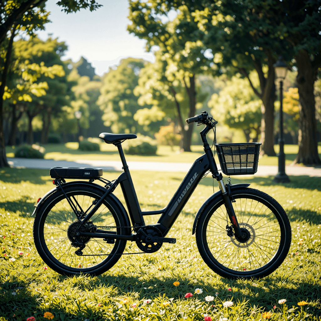 product photography of a compact electric bicycle with a basket