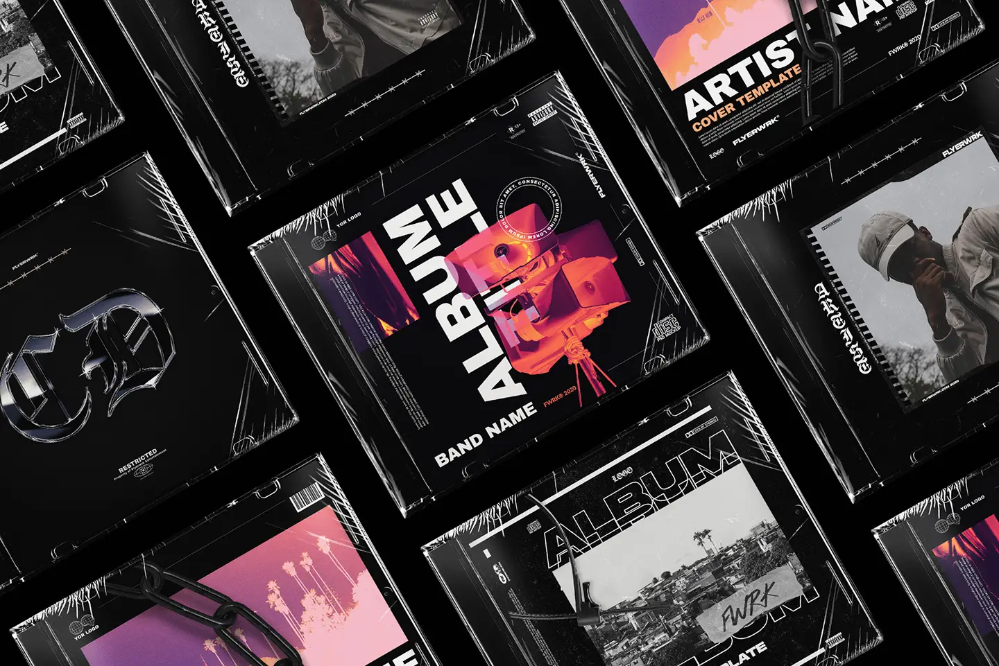 Realistic jewel case mockups showcasing various bold artistic album cover designs for music promotion