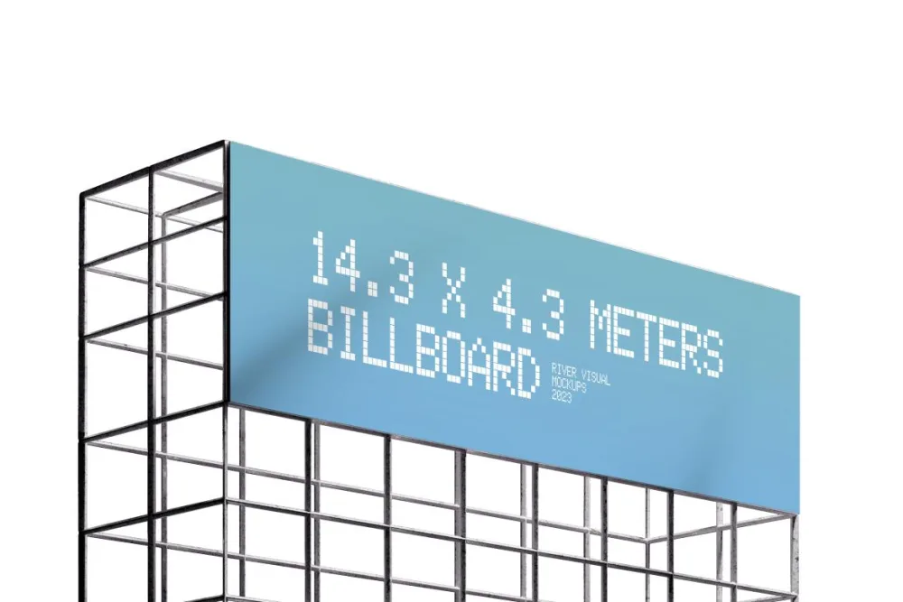 A rectangular billboard mockup with a sleek metallic surface mounted on a minimalist grid structure, set against a solid black background, highlighting the modern industrial aesthetic.