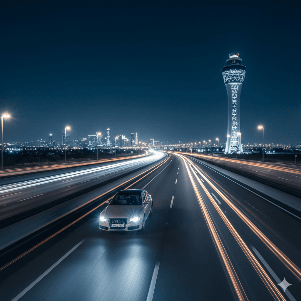 Blurry night shot of high-speed highway traffic near the IGI Airport connection for Dwarka Expressway residences.