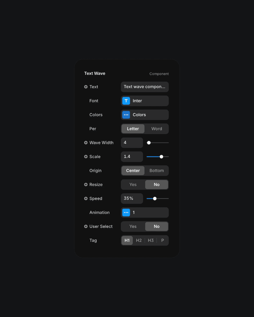 User interface for a 'Text Wave' component with settings for font, colors, scale, wave width, and animation speed on a dark background