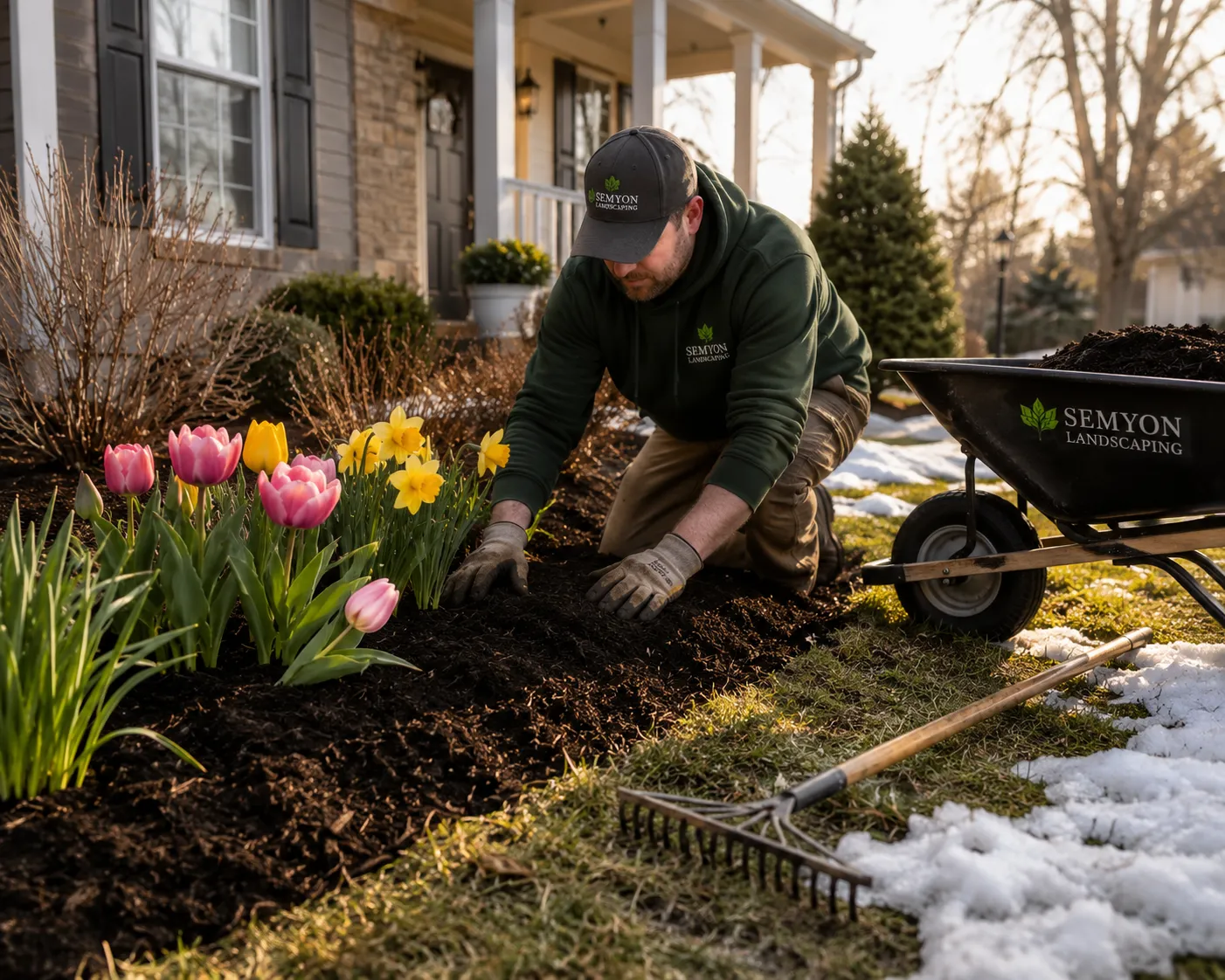 Spring yard cleanup with refreshed landscaping and cleared lawn areas