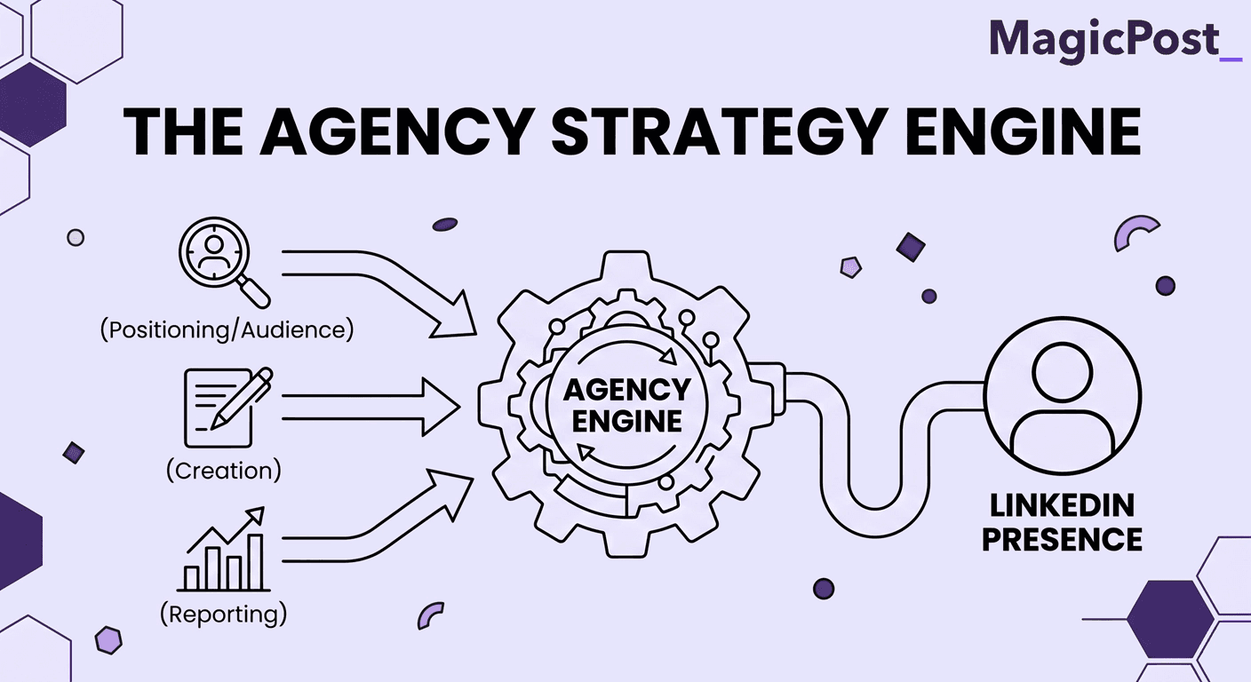 An iillustration of a target audience, content, and reporting being ran through an ageancy engine to optimize a user's LinkedIn presence