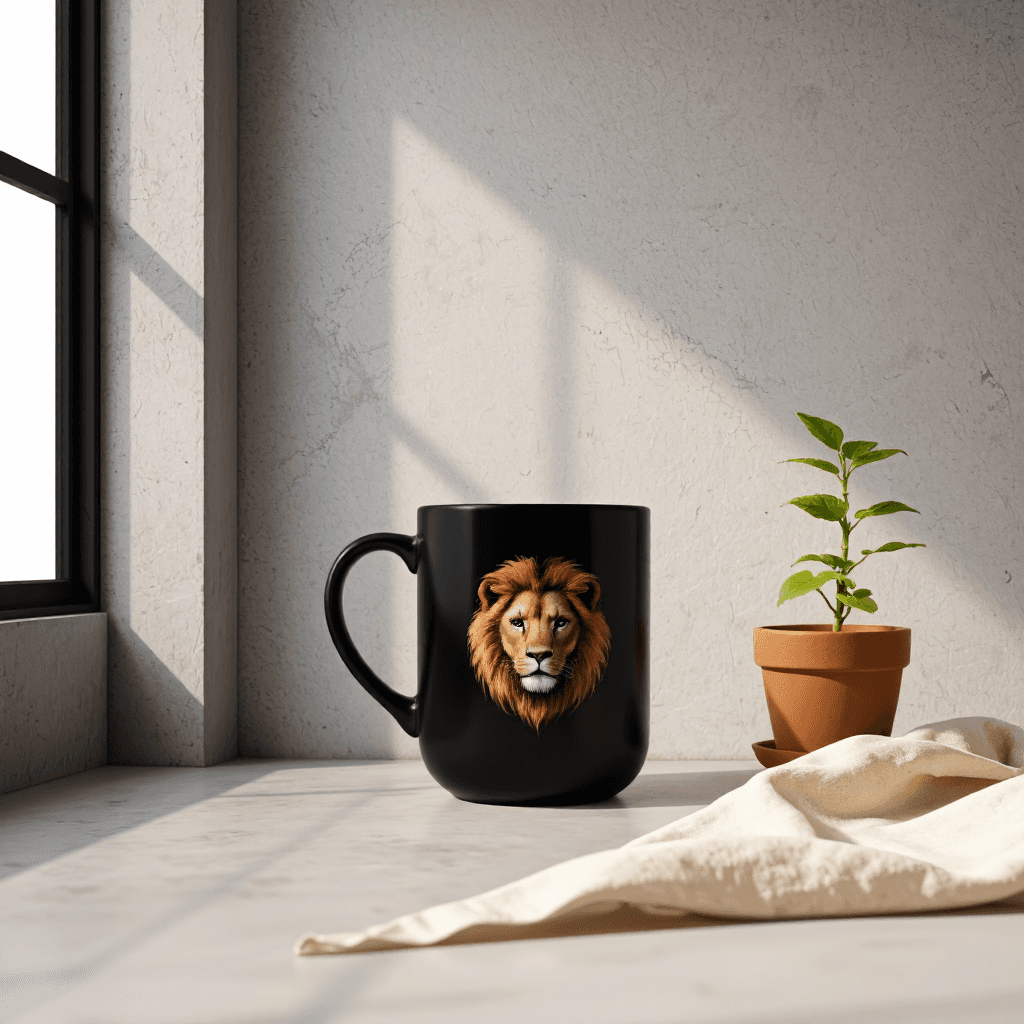 product photography of a mug featuring a lion design, used for drinking beverages