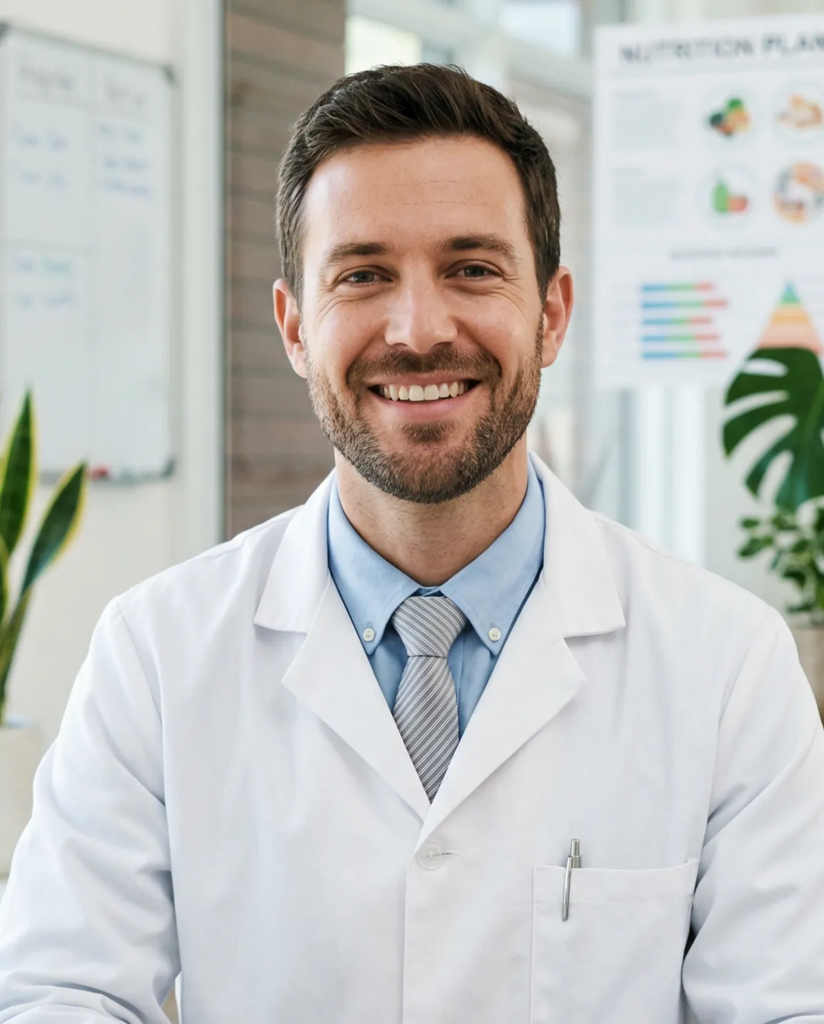 A smiling male doctor with a short beard, wearing a white coat and tie, sits in a bright office with a whiteboard, health poster, and plants in the background.
