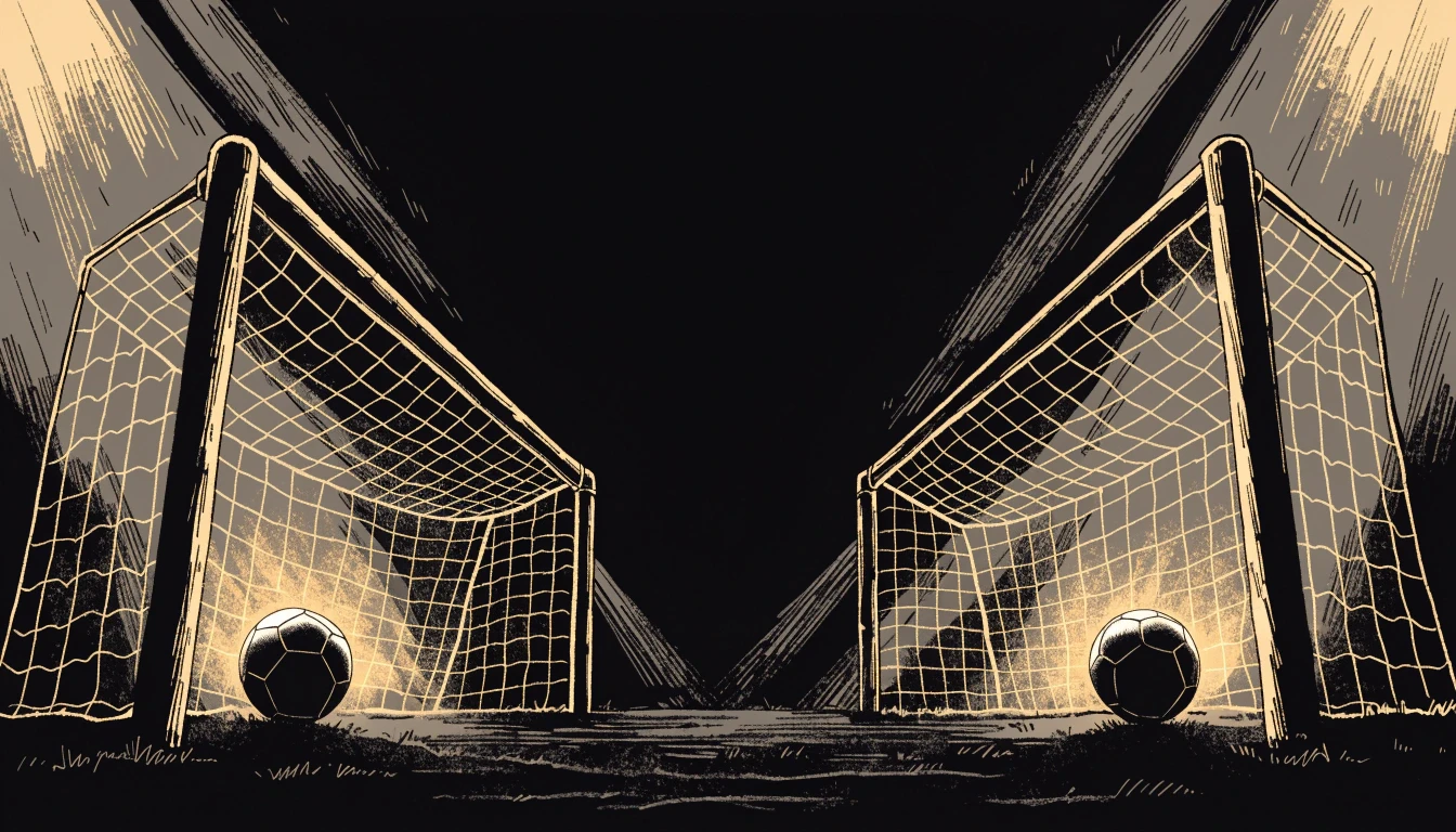 Illustration of two football goals facing each other under floodlights, each with a ball in the back of the net