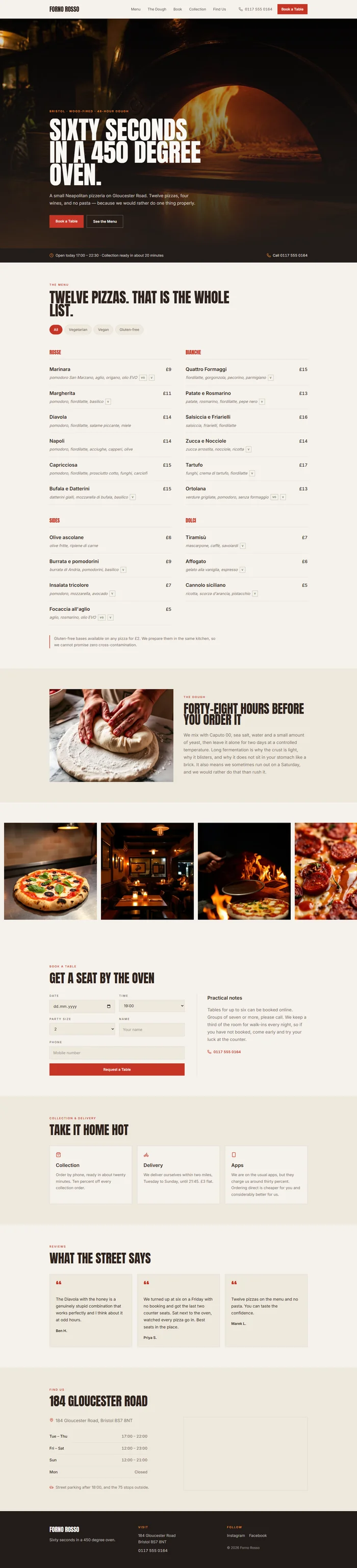 Full pizzeria website design: oven hero, twelve-pizza menu, dough story, booking, delivery