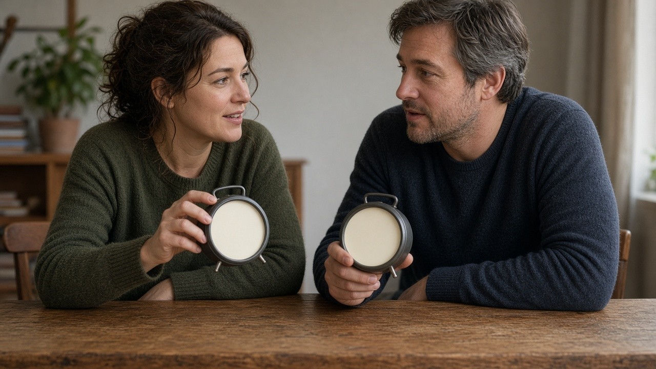 The image shows a man and a woman sitting at a wooden table facing each other, each holding a blank round clock with no numbers or hands. Both are wearing knitted sweaters, with the woman in green and the man in dark blue. Their expressions and body language suggest they are engaged in a thoughtful conversation. The neutral background includes a potted plant and books on shelves. The blank clocks may symbolize concepts related to time perception or memory, potentially useful in contexts such as discussions about dementia, memory care, or time management in therapy or counseling sessions.