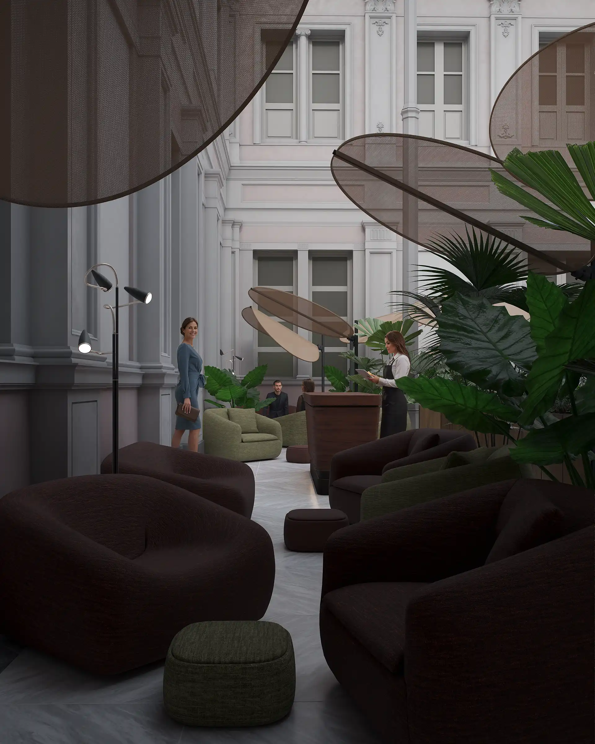 Elegant lounge with plush dark brown armchairs, large tropical plants, and view of historic courtyard. Luxury hotel or exclusive club interior design.