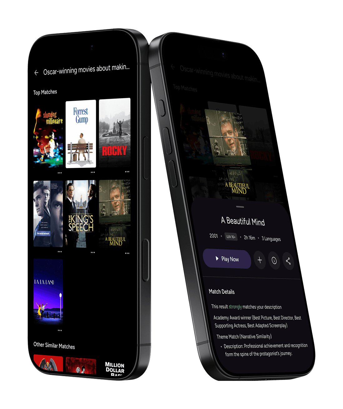 Search results for a hybrid metadata and theme query, featuring a "Strong Match" detail card for A Beautiful Mind