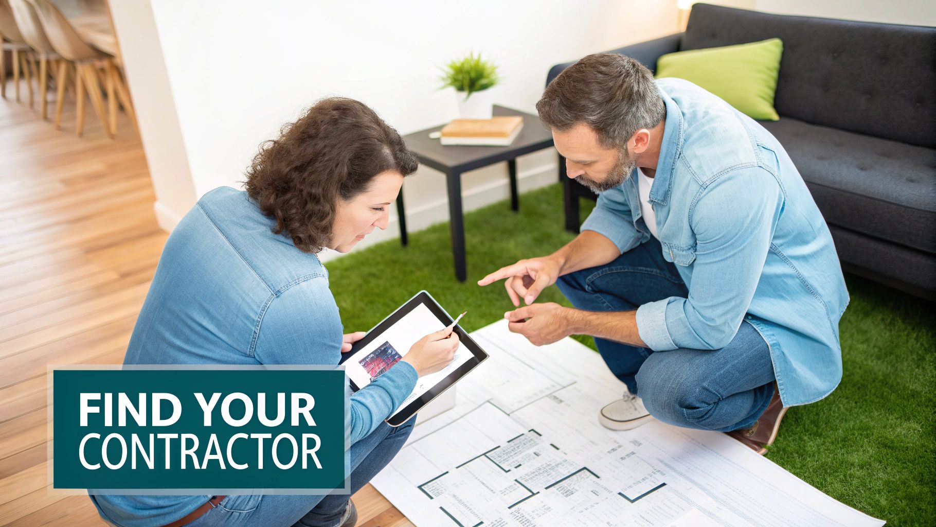 A couple reviews home renovation blueprints and digital designs on a tablet, planning their condo remodel.