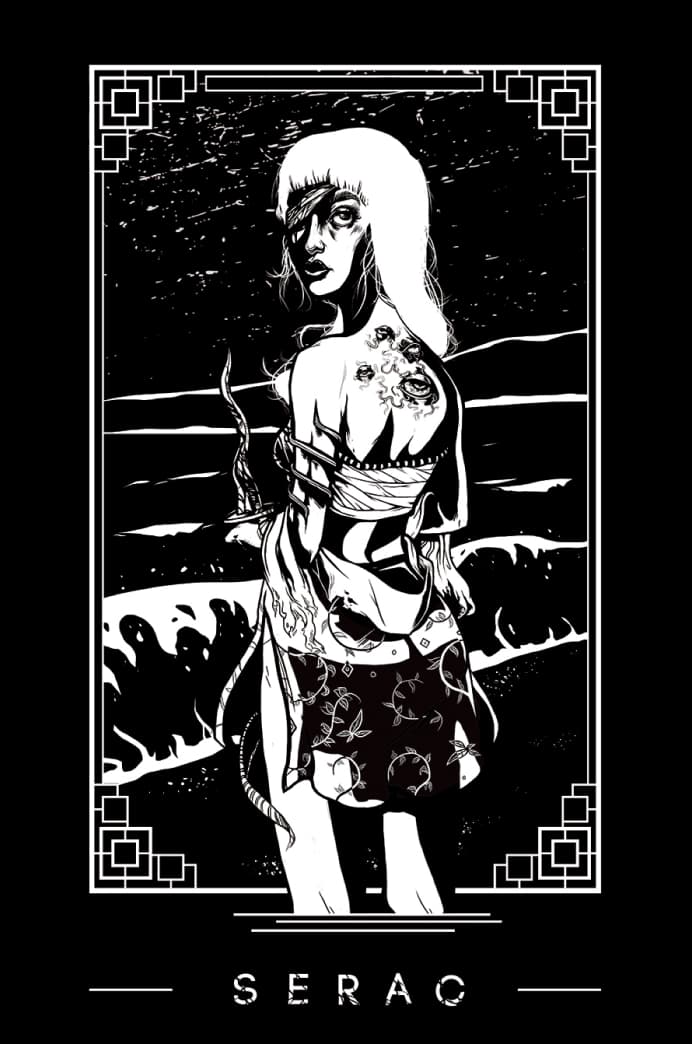 Black and white illustration of woman holding ceremonial dagger infront of the ocean at night