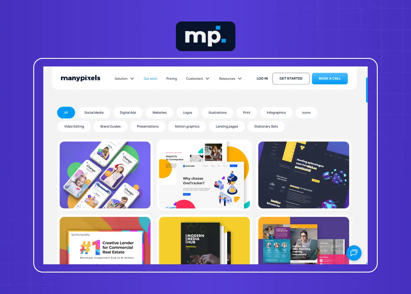 Design subscription service gallery displaying work samples across multiple creative categories and deliverables.