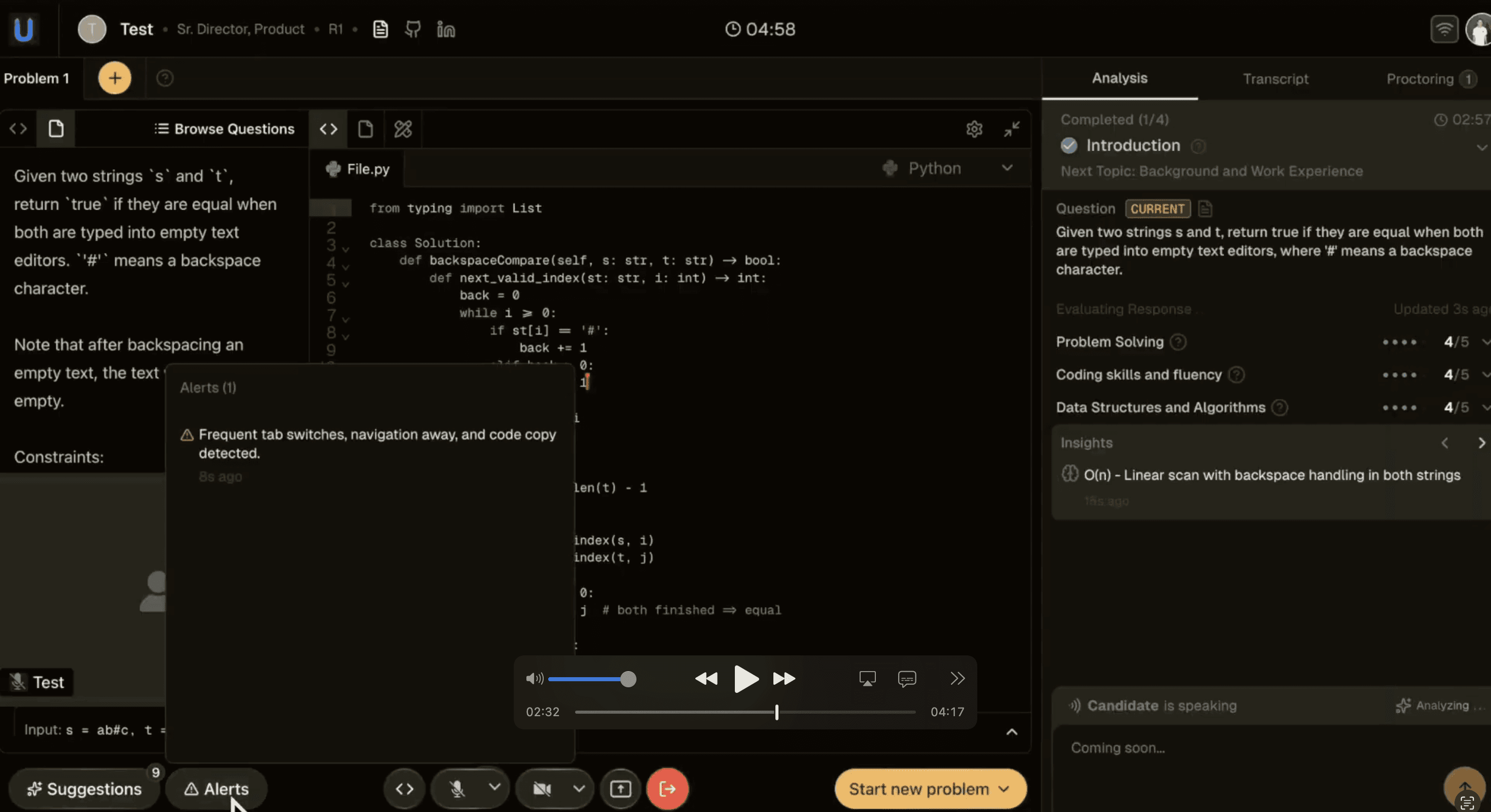 Alerts panel - with proctoring alert