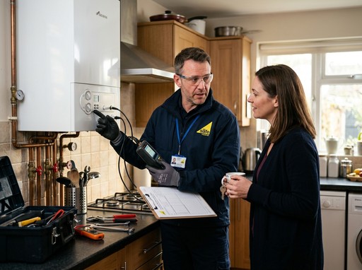 Gas Safe registered engineer inspecting a boiler during an annual landlord gas safety check in a London rental property