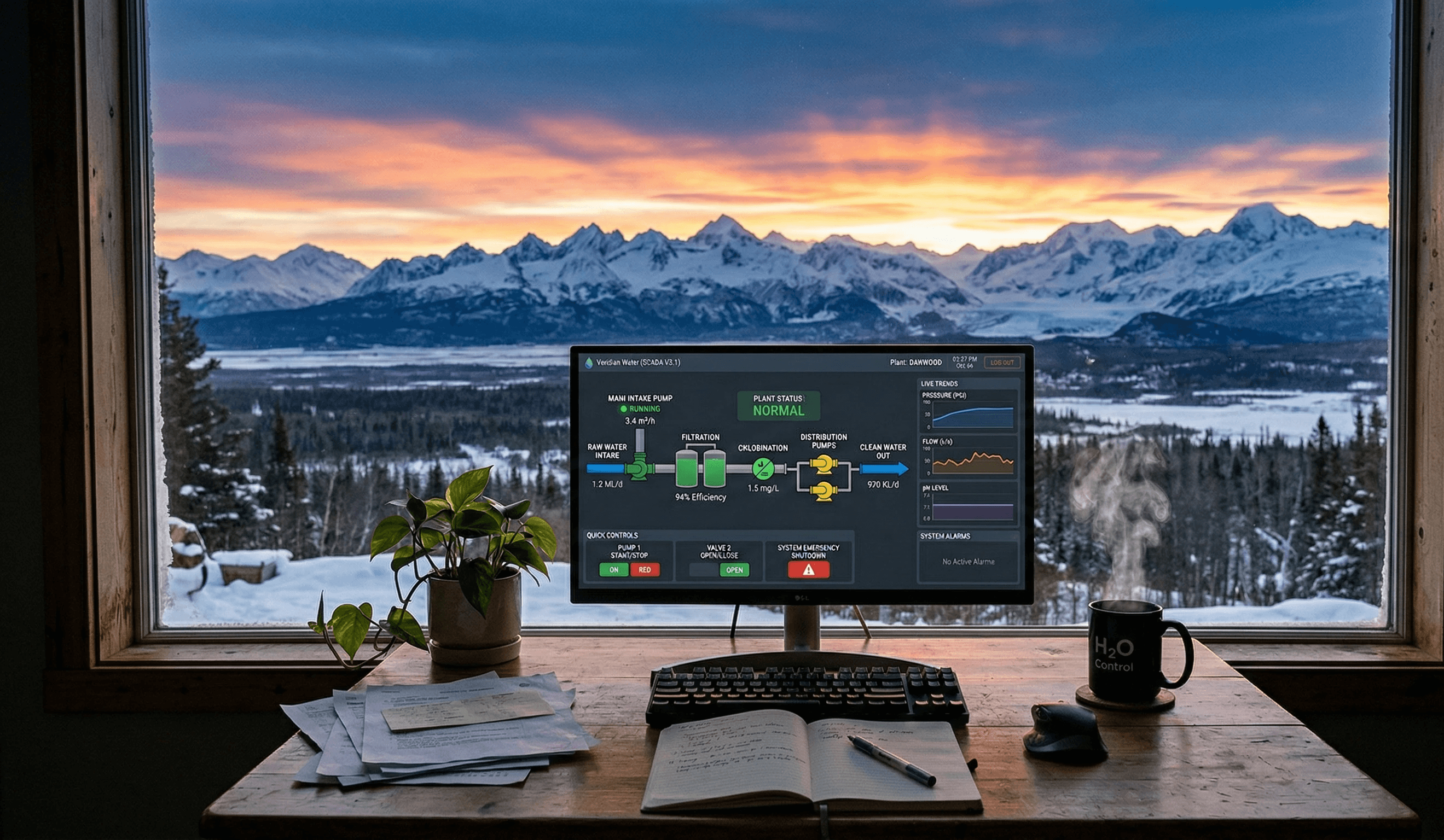SCADA diagram on a computer looking at alaskan sunrise
