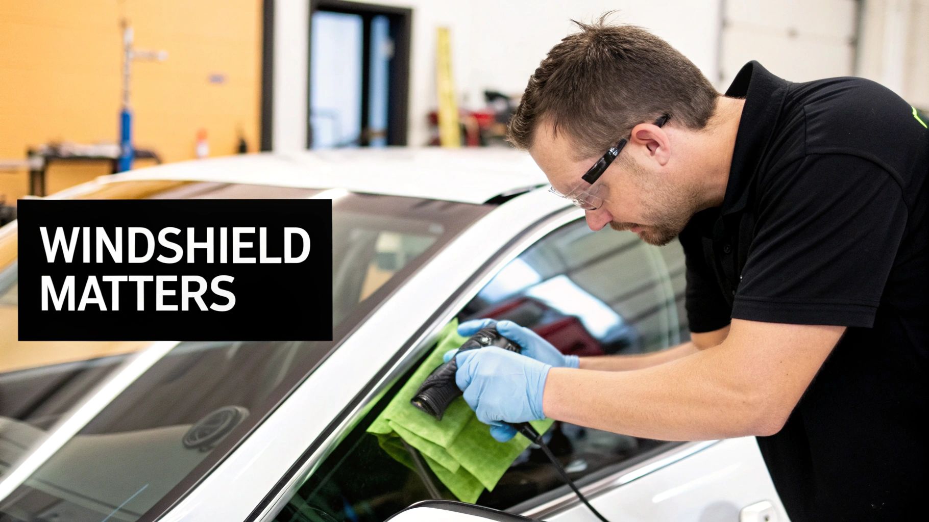 A technician carefully installing a new windshield on a modern vehicle.