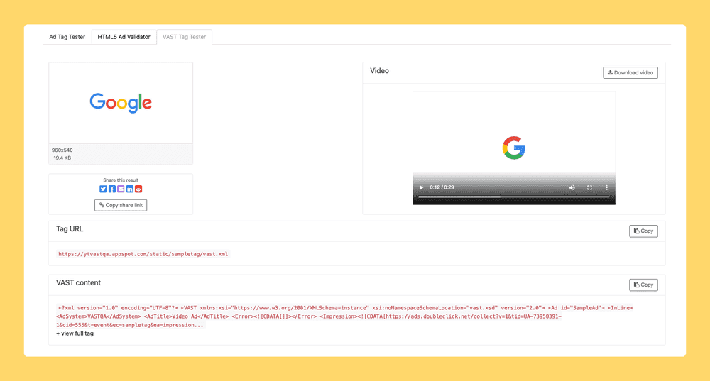 Previewads.com VAST tag preview tool for video ads