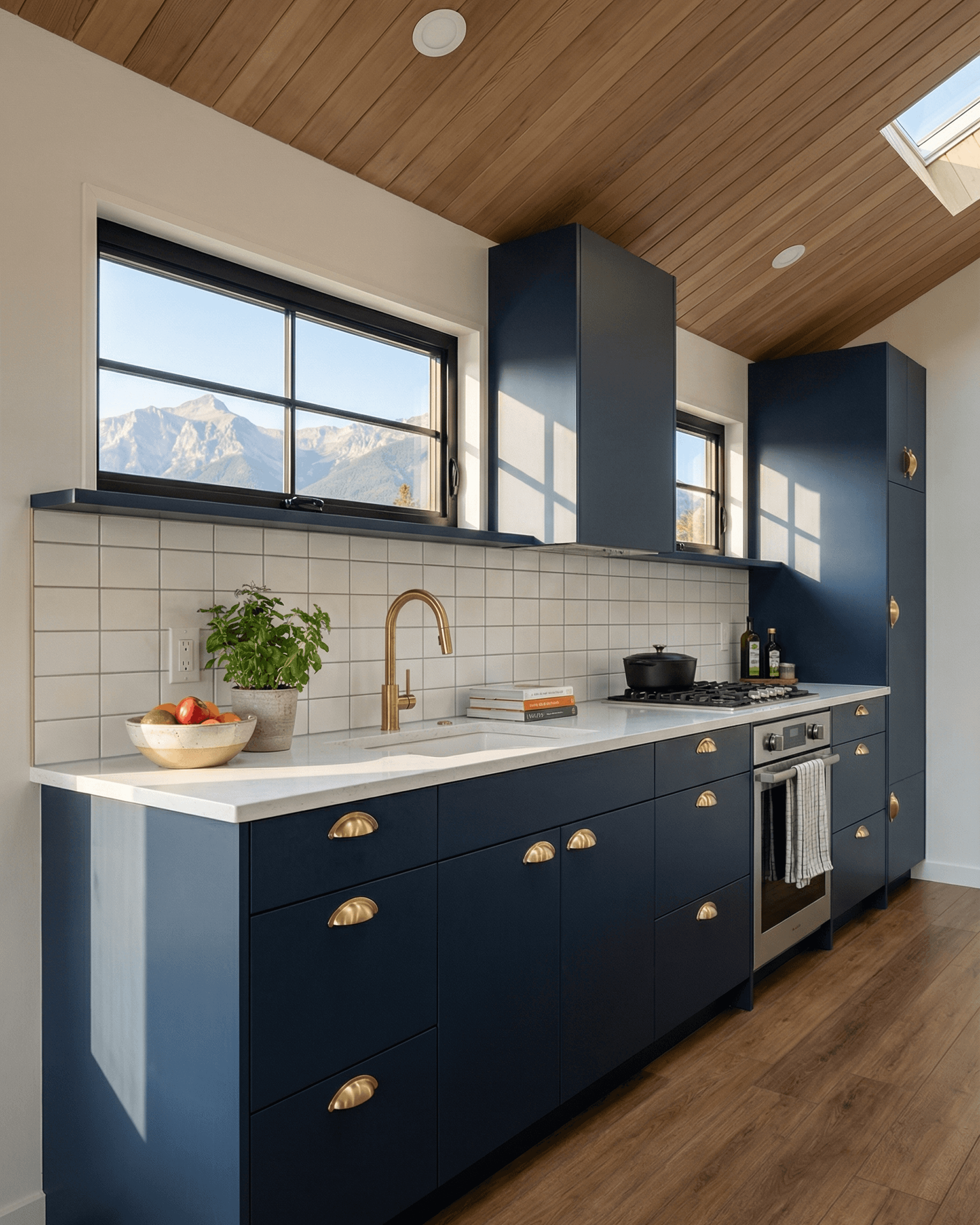 Modern cabin kitchen with navy blue cabinets, brass hardware, white tile backsplash, wood ceiling, and large black-framed windows overlooking mountains.