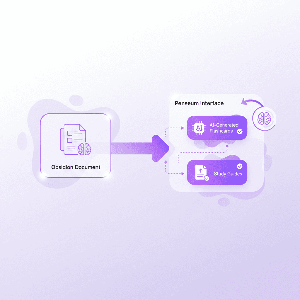A digital workflow diagram showing an arrow from an Obsidian document to the Penseum interface, highlighting AI-generated flashcards and study guides.