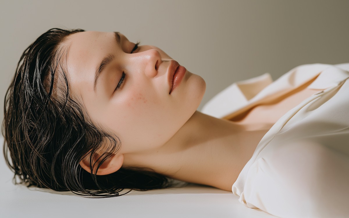 A woman with wet hair reclines peacefully on a light surface, eyes closed, wearing a white top. The image conveys tranquility and softness.