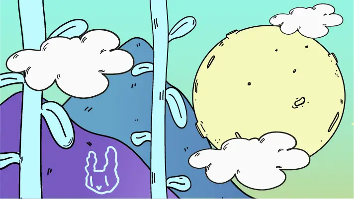 a landscape and a big yellow planet in the distance