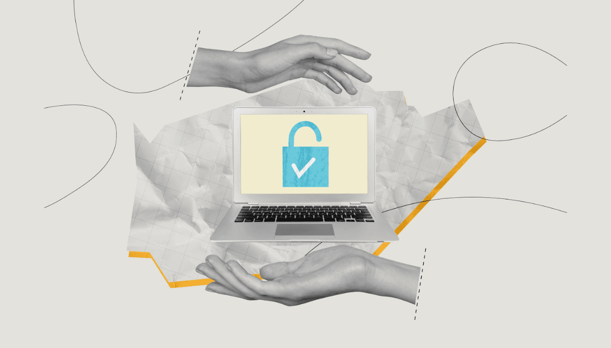 Digital collage of laptop with open padlock and checkmark, symbolizing contributing to open source projects securely.