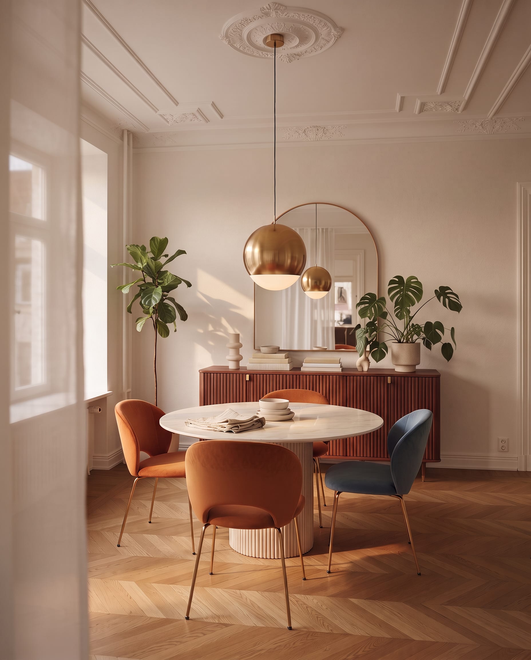 Runder heller Esstisch mit Polsterstühlen in Rost und Dunkelblau, darüber eine Messing-Pendelleuchte, dahinter ein Sideboard mit rundem Spiegel und Pflanzen