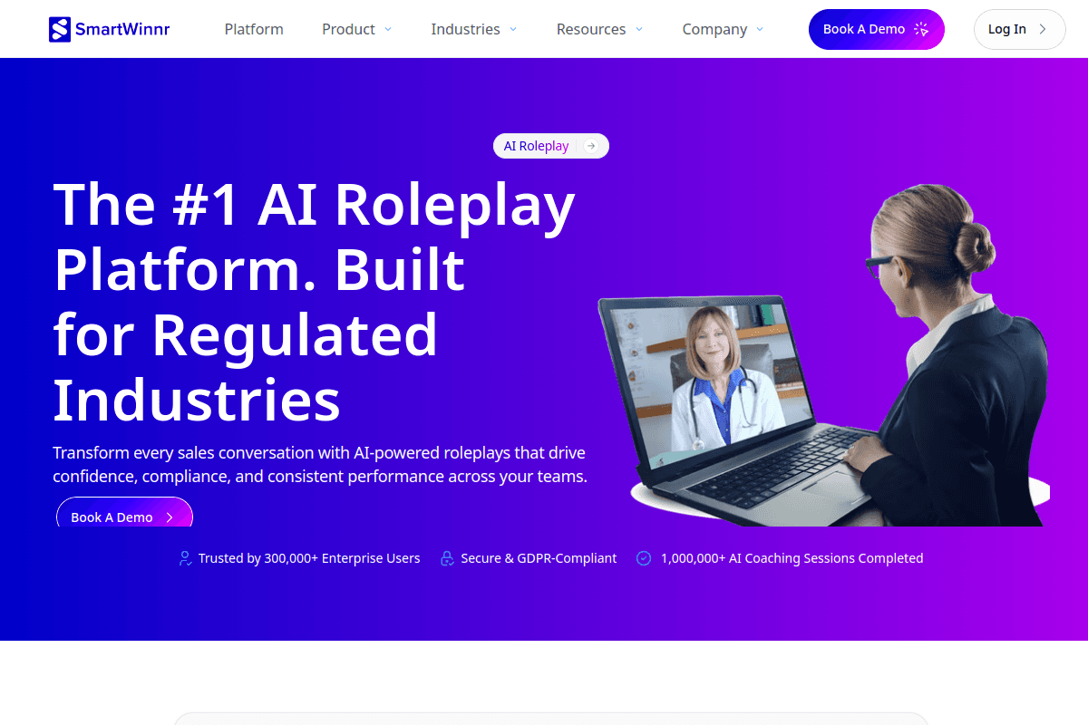 SmartWinnr homepage, AI roleplay and coaching platform built for regulated industries
