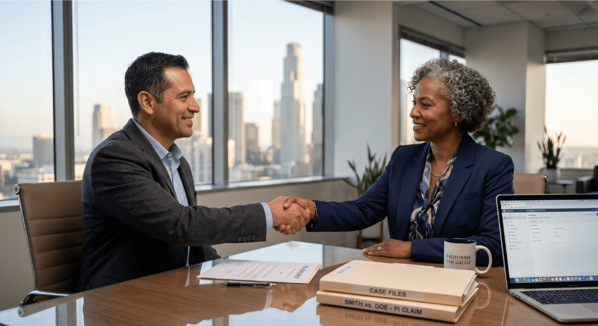 Client shaking hands with personal injury lawyers in Los Angeles after selecting the right law firm for their case