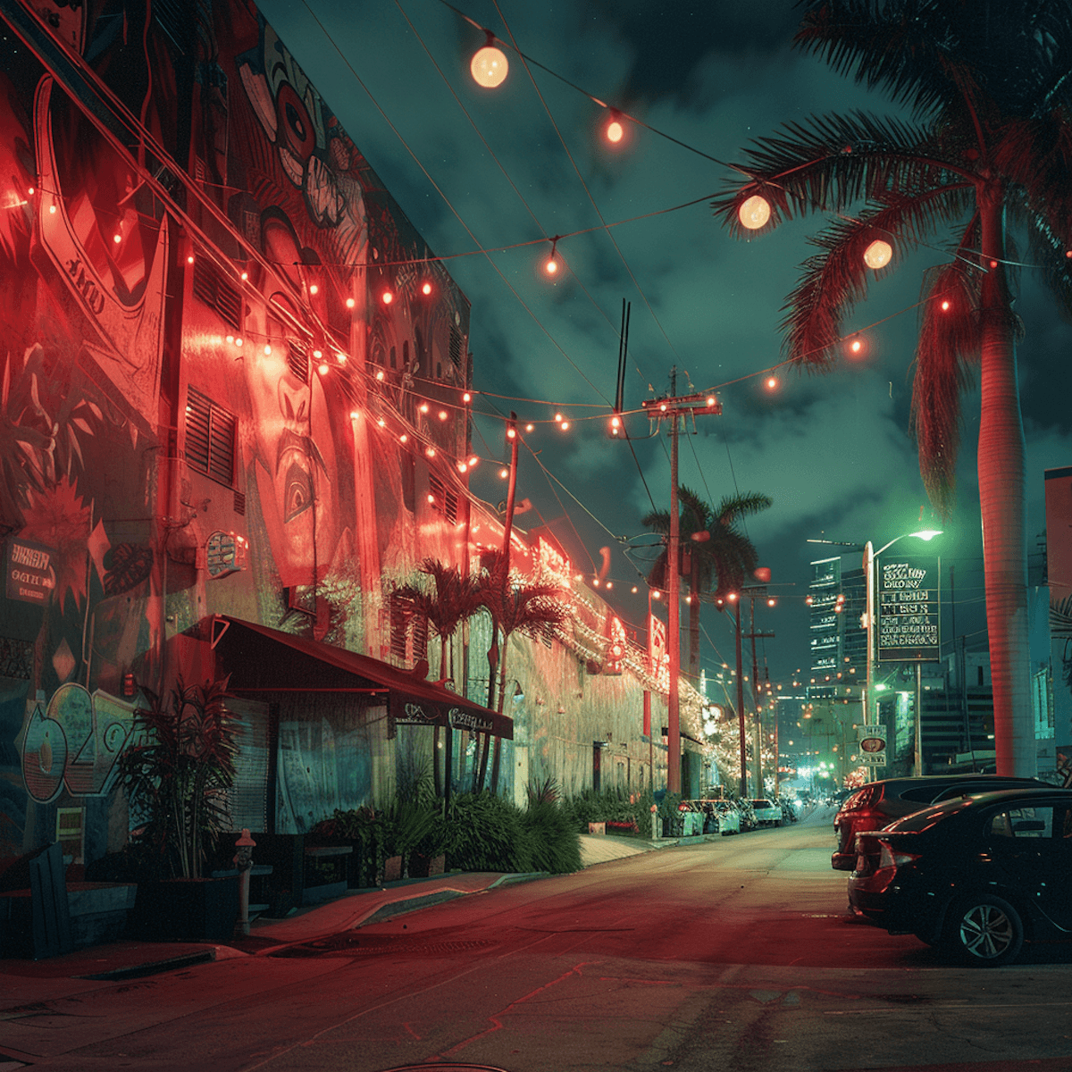Vibrant urban street at night with colorful wall murals, glowing string lights, palm trees, parked cars, and a moody teal sky.